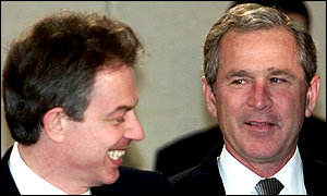 starting an illegal war: UK Prime Minister Tony Blair and US President George W Bush share a joke